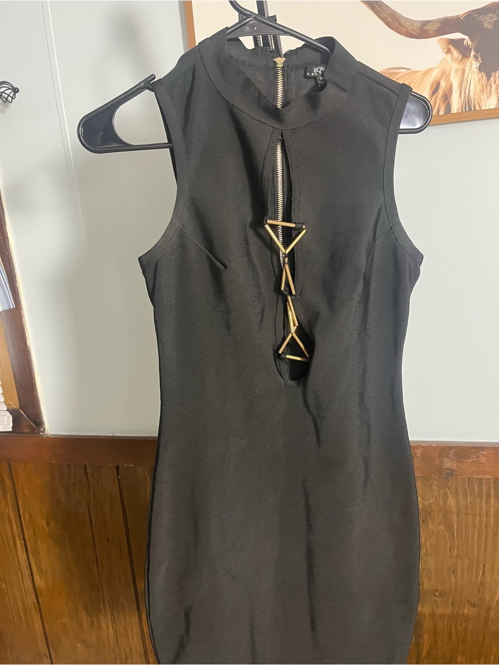 WOW couture Black Sleeveless Mini Dress with Gold Geometric Accent
